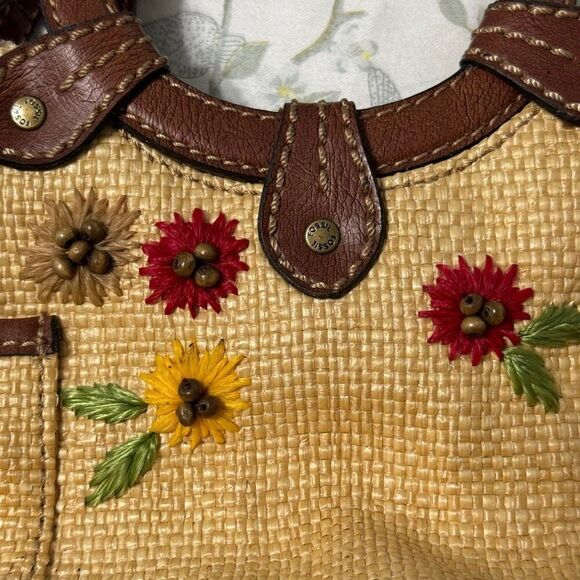 Fossil Vintage Cottage Straw Embroidered Flowers Leather Trim Mini Purse - Picture 2 of 6